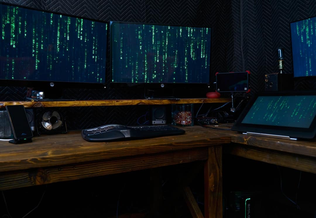 Multi-monitor security operations workspace with live monitoring dashboards