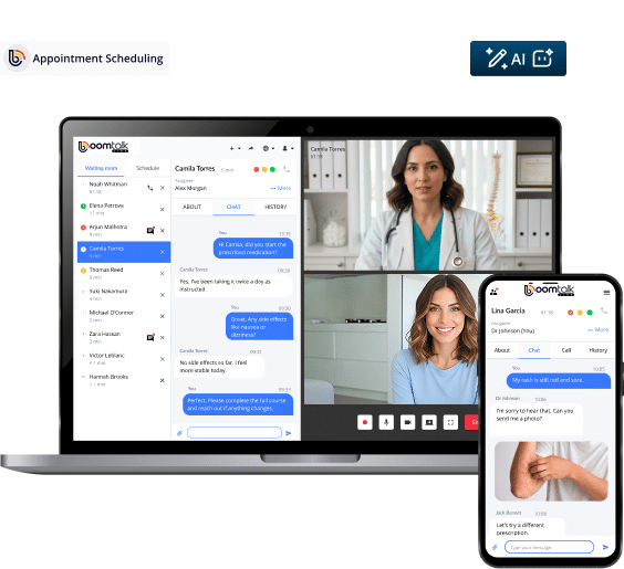 BoomTalk Live telehealth platform on desktop and mobile with video, waiting room, scheduling and chat