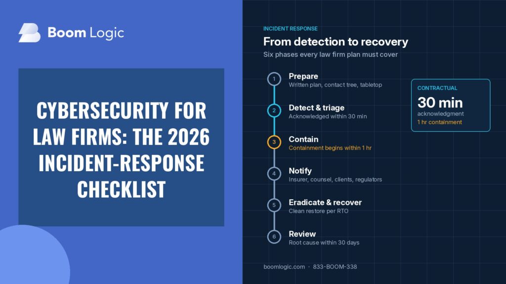 Cybersecurity for law firms: six-phase incident-response timeline with 30-minute acknowledgment and 1-hour containment