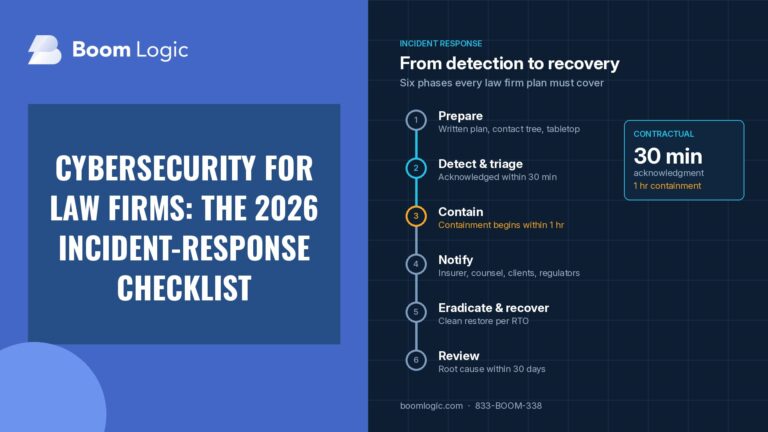 Cybersecurity for law firms: six-phase incident-response timeline with 30-minute acknowledgment and 1-hour containment